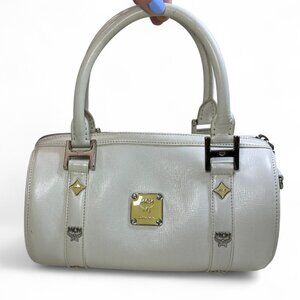 MCM White Leather Papillon Barrel Bag